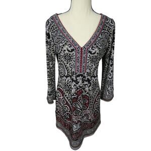 White House Black Market Small Dress Embroidered V-Neckline 3/4 Sleeves Artsy